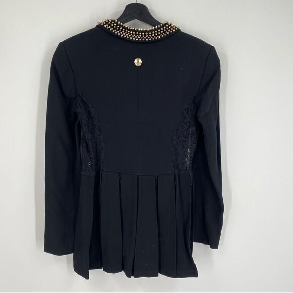Philipp Plein Women’s Pleated Hemline Black Lace Detail 1 Button Blazer Jacket M - Picture 3 of 4